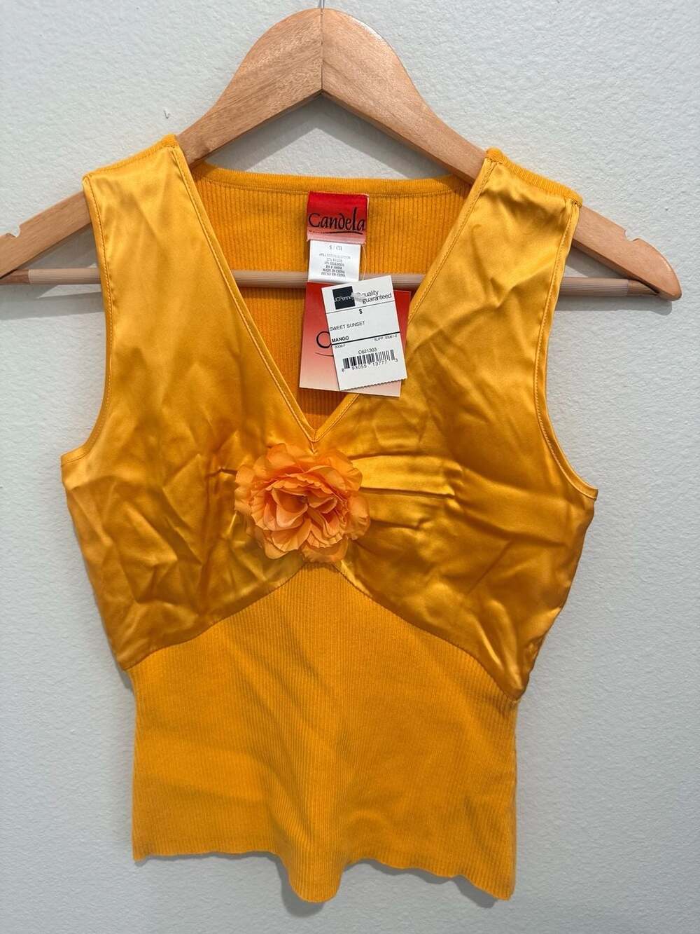 Candela Tank Top Size S Orange Ribbed Knit Satin Flower